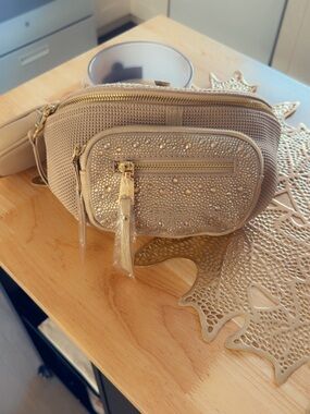 Womens Steve Madden Rhinestone Accent Crossbody Belt Bag  Beige